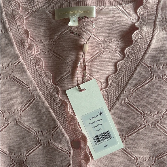 NWT LoveShackFancy Petra Knit Pointelle Heart Argyle Cardigan Velour Pink | S - Picture 3 of 11